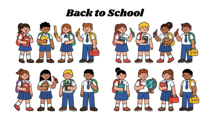 Fototapeta premium Back to School Collection: A vibrant illustration depicts a diverse group of schoolchildren, each holding books, pencils, and backpacks, ready for the academic year ahead.