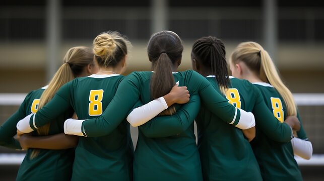 Back view of female volleyball team in green uniforms huddling together for support.