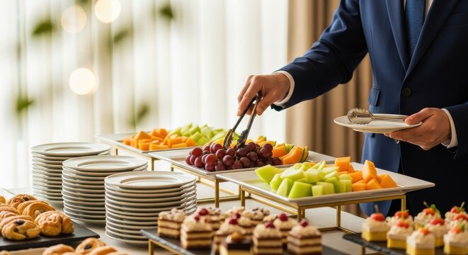 Businessman in Professional Suit Serving Fresh Fruit and Pastries at a Corporate Buffet Event