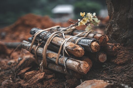 Bundle of steel rebar rods tied with wire, ready for construction