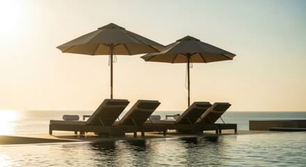Naklejka premium Serene Resort Lounge Chairs and Umbrellas Overlooking Tranquil Ocean Sunset