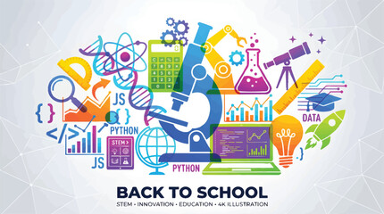 Naklejka premium STEM education back to school vector illustration, colorful science and technology icons with microscope and coding symbols, innovative learning and academic research concept graphic isolated