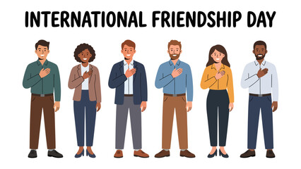 Fototapeta premium International Friendship Day Celebration: A diverse group of six people, each with a hand over their heart, stand together in unity.