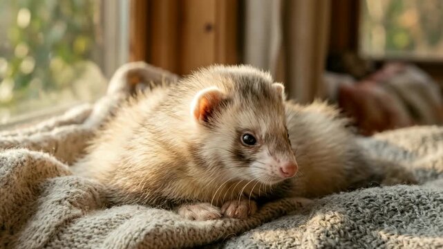 angora ferret close up at yorkshire countryside england morning sunlight video
