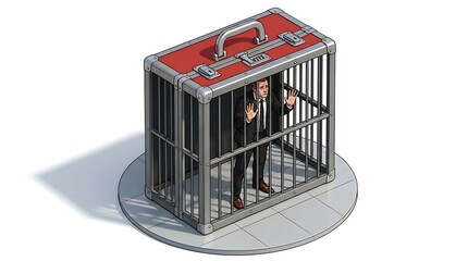 Obraz premium A miniature Lego style businessman figure confined inside a transparent briefcase model with red interior accents.