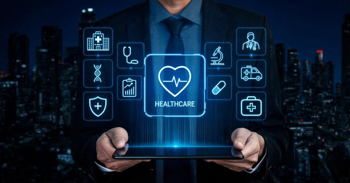 Businessman holding a digital tablet with medical health icons and a glowing heart symbol floating in front of a modern city skyscraper background at night