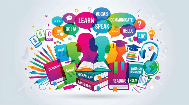 Language learning education vector illustration with colorful speech bubbles and books. Foreign language study concept with student silhouettes, dictionary