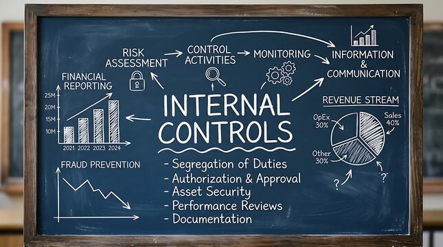 Close up of a chalkboard displaying internal controls framework, financial charts, and business symbols in a corporate setting.
