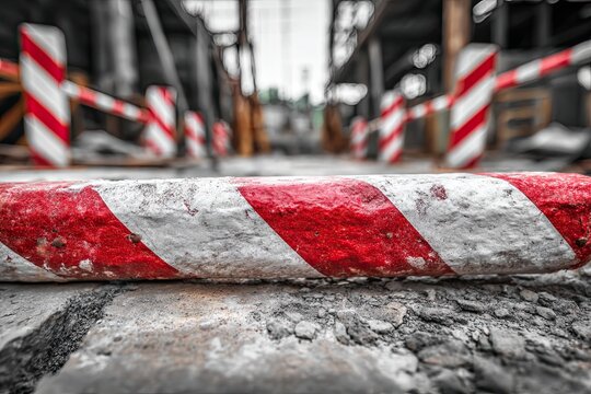 Close up of weathered red and white striped caution barrier tape marking a restricted construction area