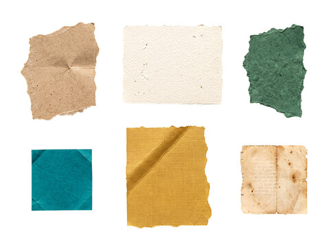 Varied collection of textured, folded, and torn paper elements, including an old document.