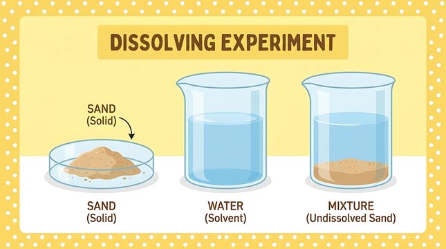Illustration of a dissolving experiment with salt in water showing the process of dissolution