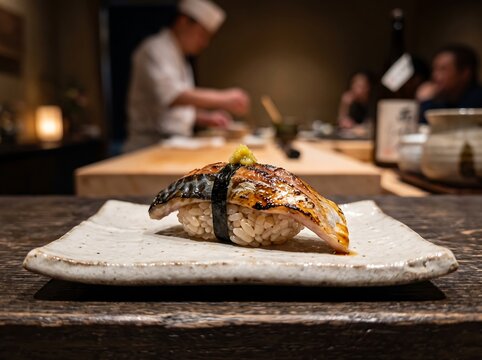 A close-up of a seared marinated mackerel (Aburi Shime Saba) sushi nigiri