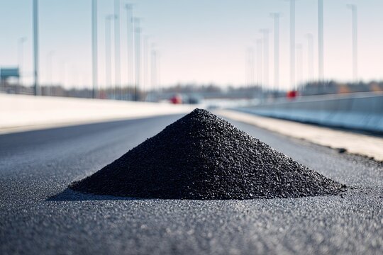Close-up of a dark pile of freshly laid asphalt material on a paved road surface