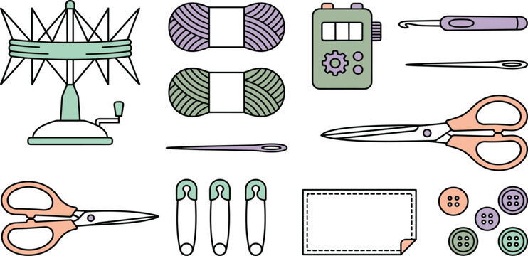 Knitting and Crochet Equipment Icon Set with Yarn Skeins Scissors Safety Pins Buttons and Swift Winder for Tailor Shop and Craft Designs