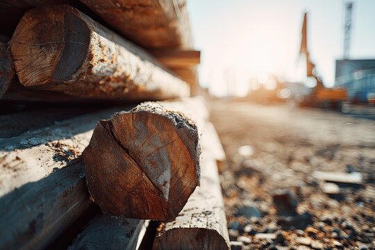 Close-up of freshly cut rough lumber with detailed wood grain textures stacked outdoors during daylight