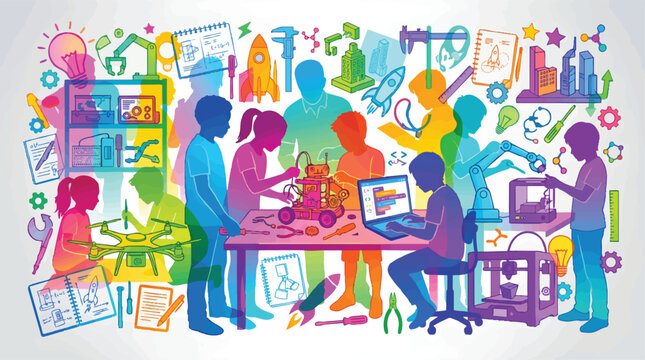 STEM education vector illustration with children learning robotics and engineering. Colorful student silhouettes building robots and coding in a science lab. Kids exploring technology. isolated