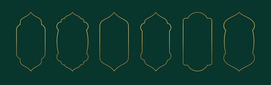 Shapes of Ramadan frames. Indian golden border, simple islamic design. Muslim pattern, thin elegant frame on green background, line gradient label in arabian style. Vector minimal illustration