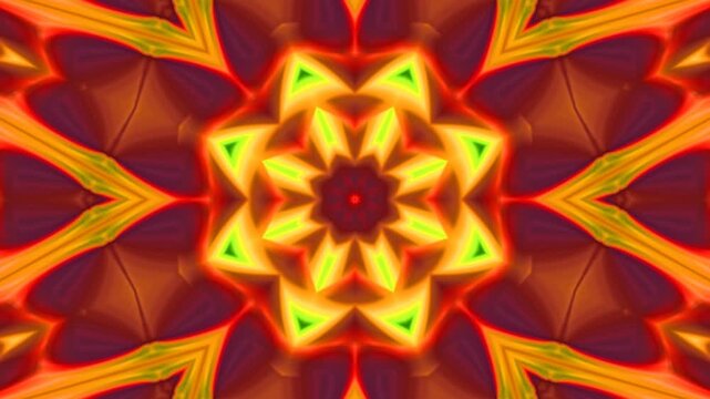 Kaleidoscopic glowing background changing, forming abstract flowers, rosettes, stars and waves. Round bright colorful mandala transformation with pulsation and spin. 4K UHD 4096x2304