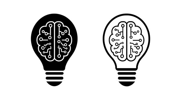 Black and white light bulb icons with digital brain circuit patterns inside representing artificial intelligence and creative ideas for technology business design