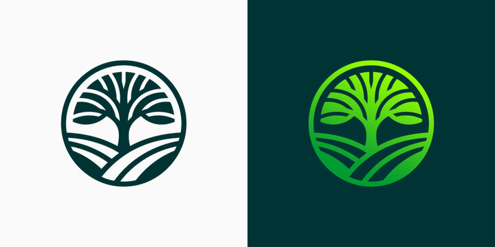 Tree and field vector logo design in a modern, simple, clean, and abstract style. Icon for business, farming, and personal branding.