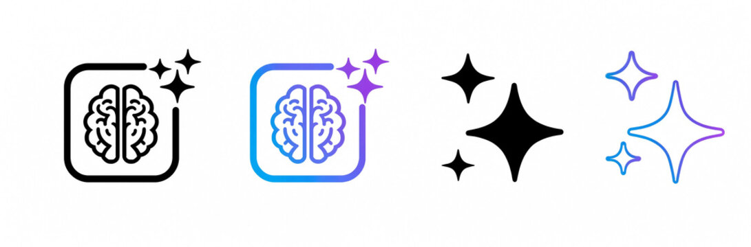 Set of pixel art brain and sparkle icons representing intelligence and creativity in a digital style for modern user interface design and mobile application graphics