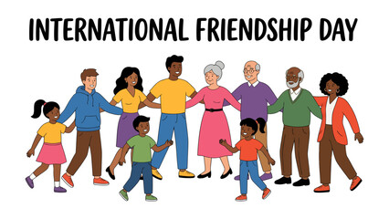 Fototapeta premium International Friendship Day Celebration: A vibrant illustration depicting a diverse group of people of all ages and ethnicities, holding hands and celebrating International Friendship Day.