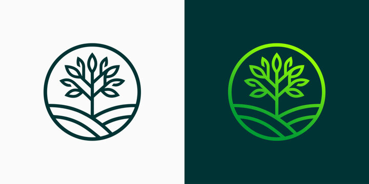 Tree and field vector logo design in a modern, simple, clean, and abstract style. Icon for business, farming, and personal branding.