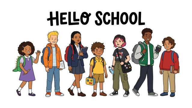 Hello School Diversity: A group of happy, diverse children with backpacks are ready to go back to school, celebrating the joy of learning and friendship.