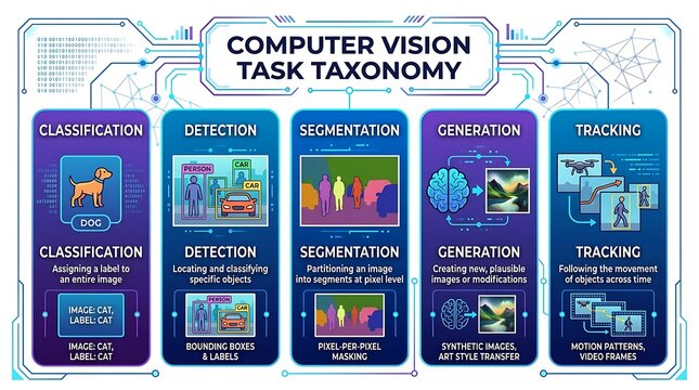 Computer vision task taxonomy infographic showing ai categories