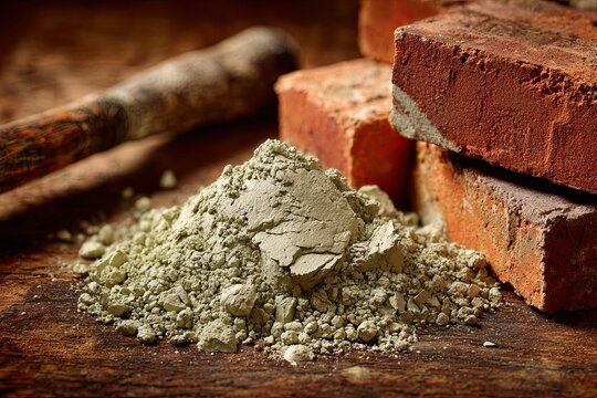 Close-up of freshly mixed mortar powder showing its granular texture beside stacked bricks and a tool, representing construction materials.