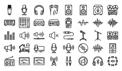 Fototapeta premium Speech and Audio Technology Icons Microphone Headphone and Voice Recognition Vector Outline Set