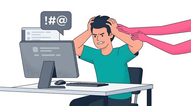 A cartoon man sitting at a desk, clutching his head in stress while working on a computer with a frustrated expression