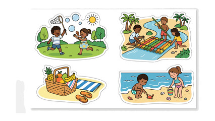 Fototapeta premium Summer Fun Montage: A collection of four vibrant illustrations capturing the essence of summer activities: children blowing bubbles in a park, kids building a raft on a river.