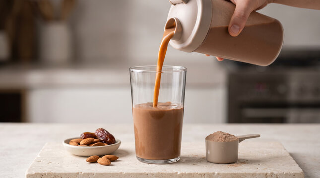 Pouring chocolate protein shake into glass with cocoa powder scoop, almonds, and dates on stone tray, fitness drink