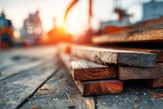 Close-up view of a stack of freshly cut lumber with prominent rough grain textures bathed in warm, golden hour sunlight