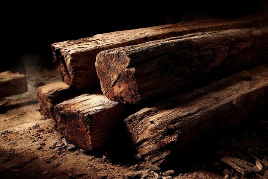 Close-up view of rough, weathered, and discarded timber logs with distinct textures stacked together
