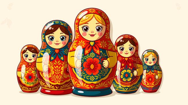 Set of colorful Matryoshka dolls, traditional Russian nesting dolls