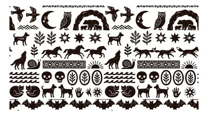 Nordic folk art animal pattern, black and white Scandinavian style wildlife vector illustration, traditional nature-inspired design elements for textiles and decor © Syed Awais