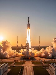 A space rocket stands on the launchpad preparing for takeoff at sunset. Rocket launch, space mission, aerospace engineering. © Irina Kulikova