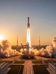 A space rocket stands on the launchpad preparing for takeoff at sunset. Rocket launch, space mission, aerospace engineering. © Irina Kulikova
