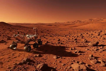 A robotic rover explores the red rocky surface of Mars. Space exploration, planetary mission, mars rover. © Irina Kulikova