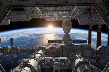 The view of planet Earth from the window of a space station. Earth from space, orbital view, space station interior. © Irina Kulikova