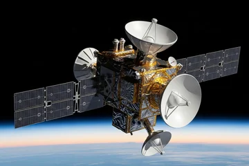 A modern satellite floats in deep space above the planet Earth. Space exploration, orbital technology, communication network. © Irina Kulikova