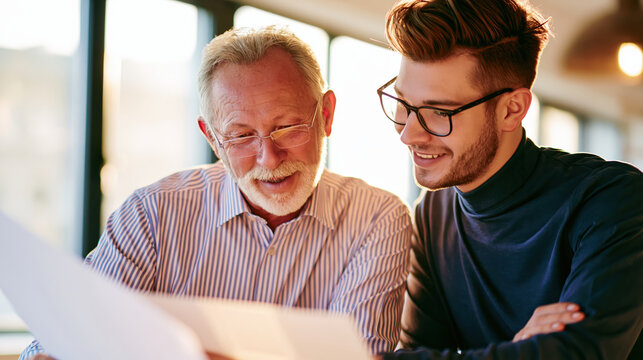 Older mentor and young professional working together in office, smiling over document with guidance and teamwork
