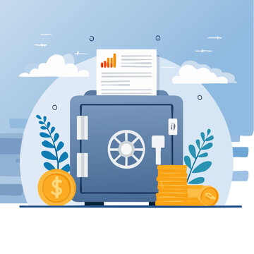 Flat illustration of safe with coins and financial document