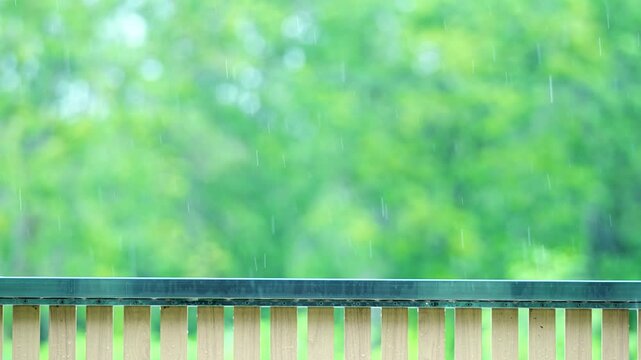 Raing on soft focus blurred background lush greenery seen through fence, creating a serene and refreshing atmosphere, nature-related designs tranquil settings