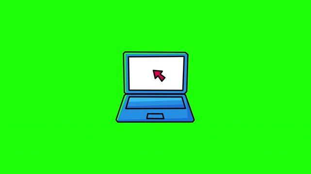 Animated laptop computer icon with cursor pointer moving on screen, flat doodle style, green screen and white background versions included, video