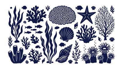 Oceanic coral reef vector set, deep blue marine life collection, underwater flora and fauna silhouettes, perfect for aquatic designs and sea-themed projects © Syed Awais