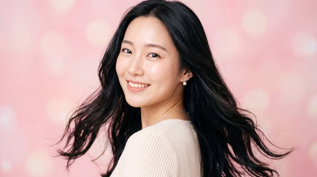 Beautiful Asian Woman Smiling on Pink Background Youthful Beauty and Natural Elegance