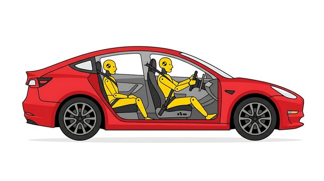 Illustrative diagram showing crash test dummies positioned in a red sedans interior for safety testing.